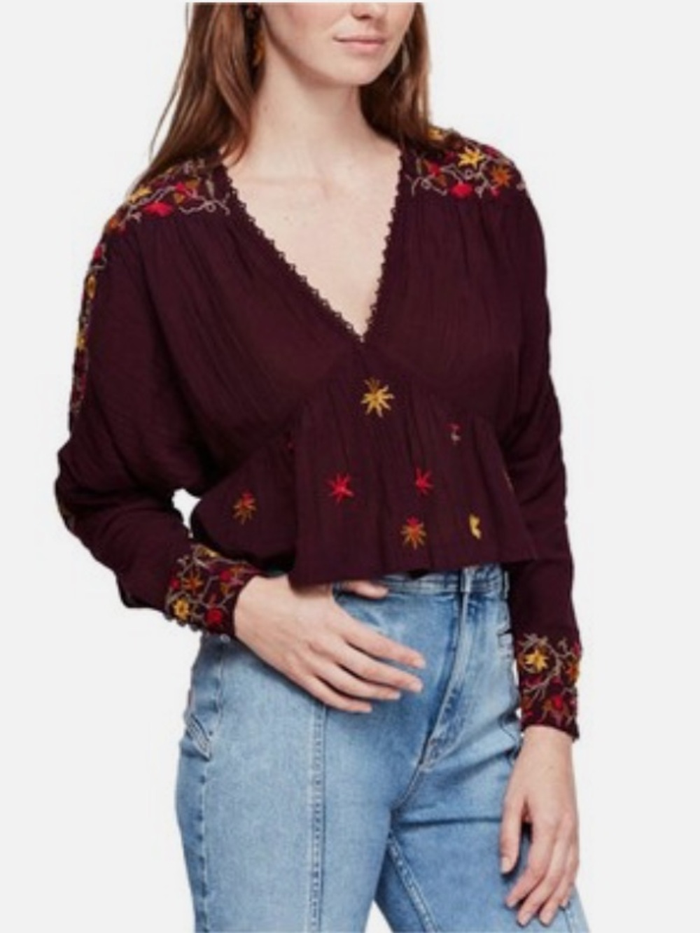 Free People Floral Embroidered V-Neck Blouse Maroon